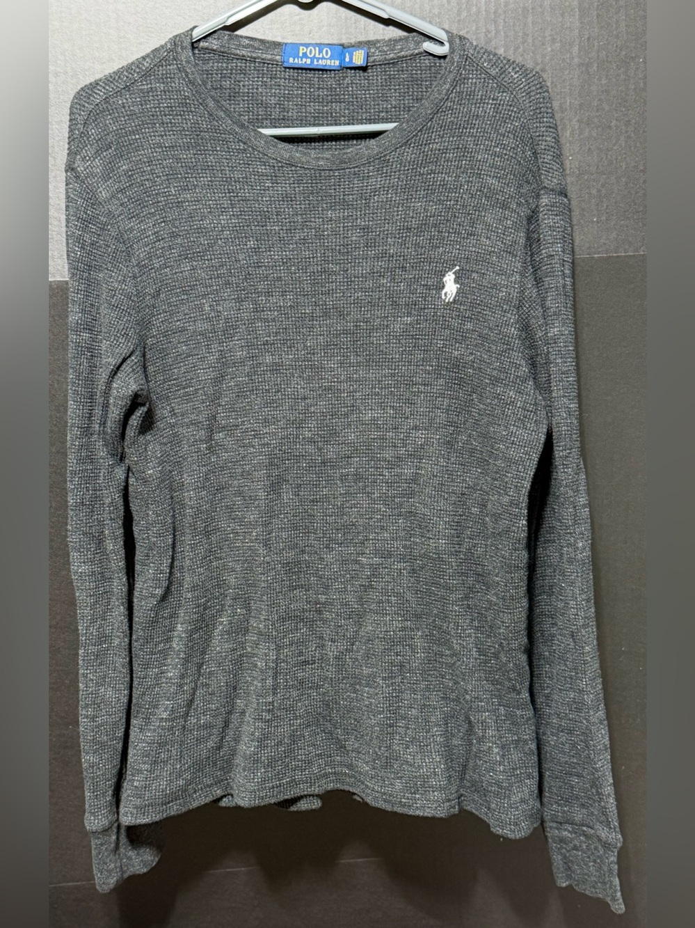 🪎 Polo Ralph Lauren Charcoal Grey Waffle Knit Thermal Long Sleeve Shirt Size L